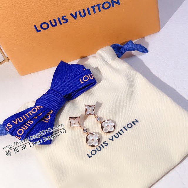 Louis Vuitton新款飾品 路易威登微鑲晶鑽四葉草白貝母流蘇logo字印耳釘 LV雙花單鑽耳環  zglv2148